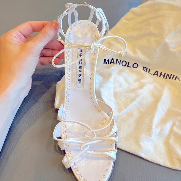 Manolo Blahnik ESPINASA Strappy Sandals Leather White Heels Shoes, 39/9B - Picture 12 of 12